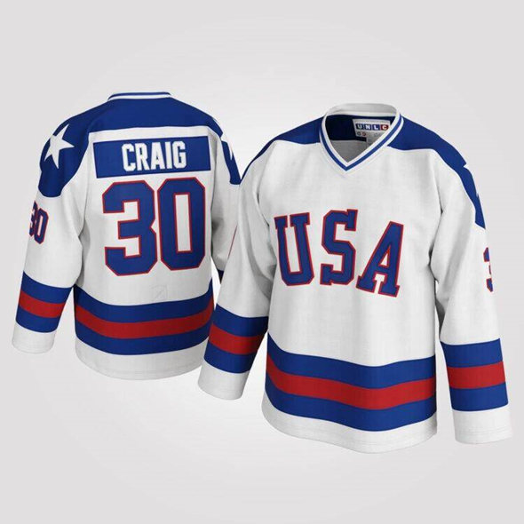Men's USA #30 Jim Craig White Stitched Hockey Jersey